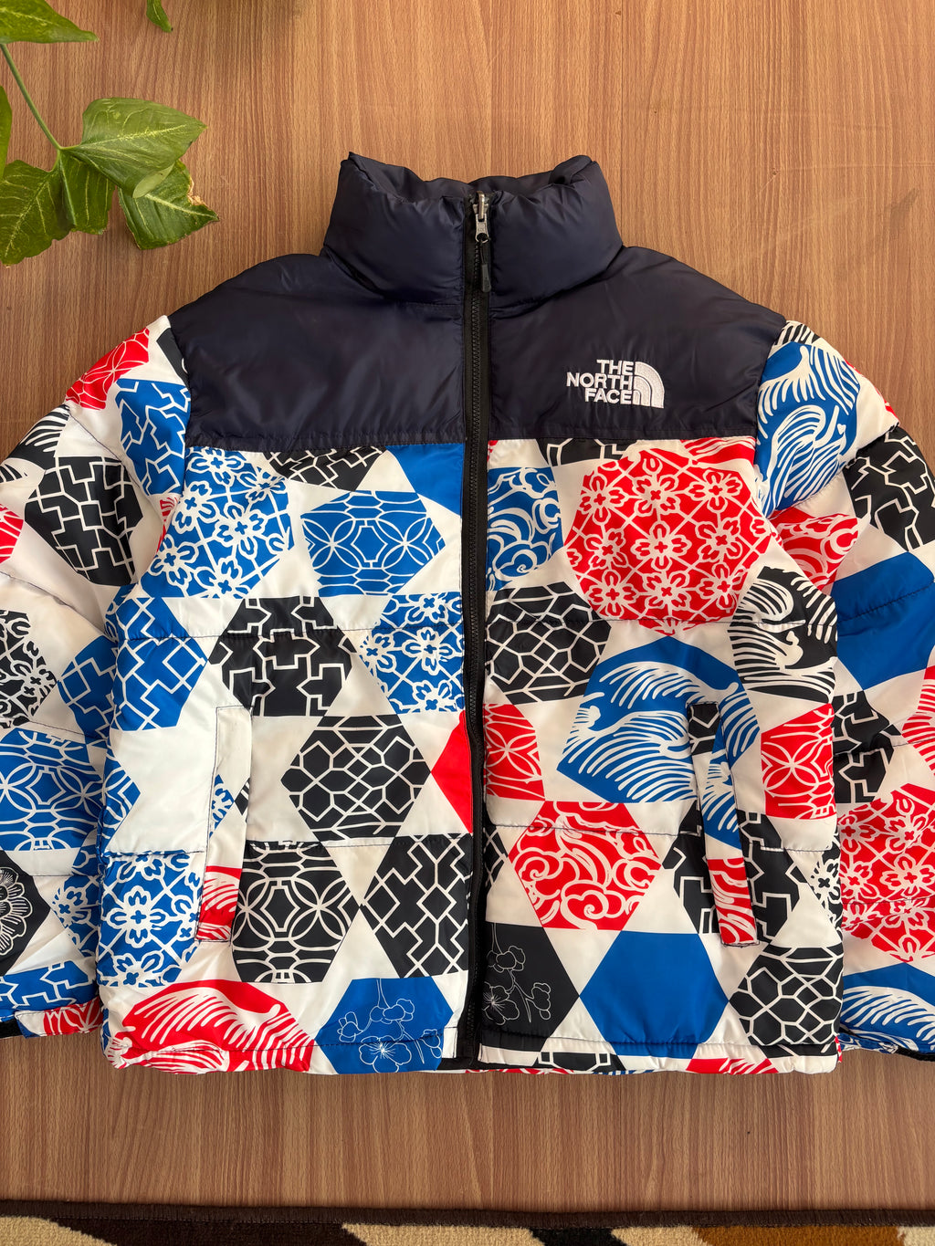 TNF 1996 Retro Nuptse Jacket in the Blue IC Geo Print
