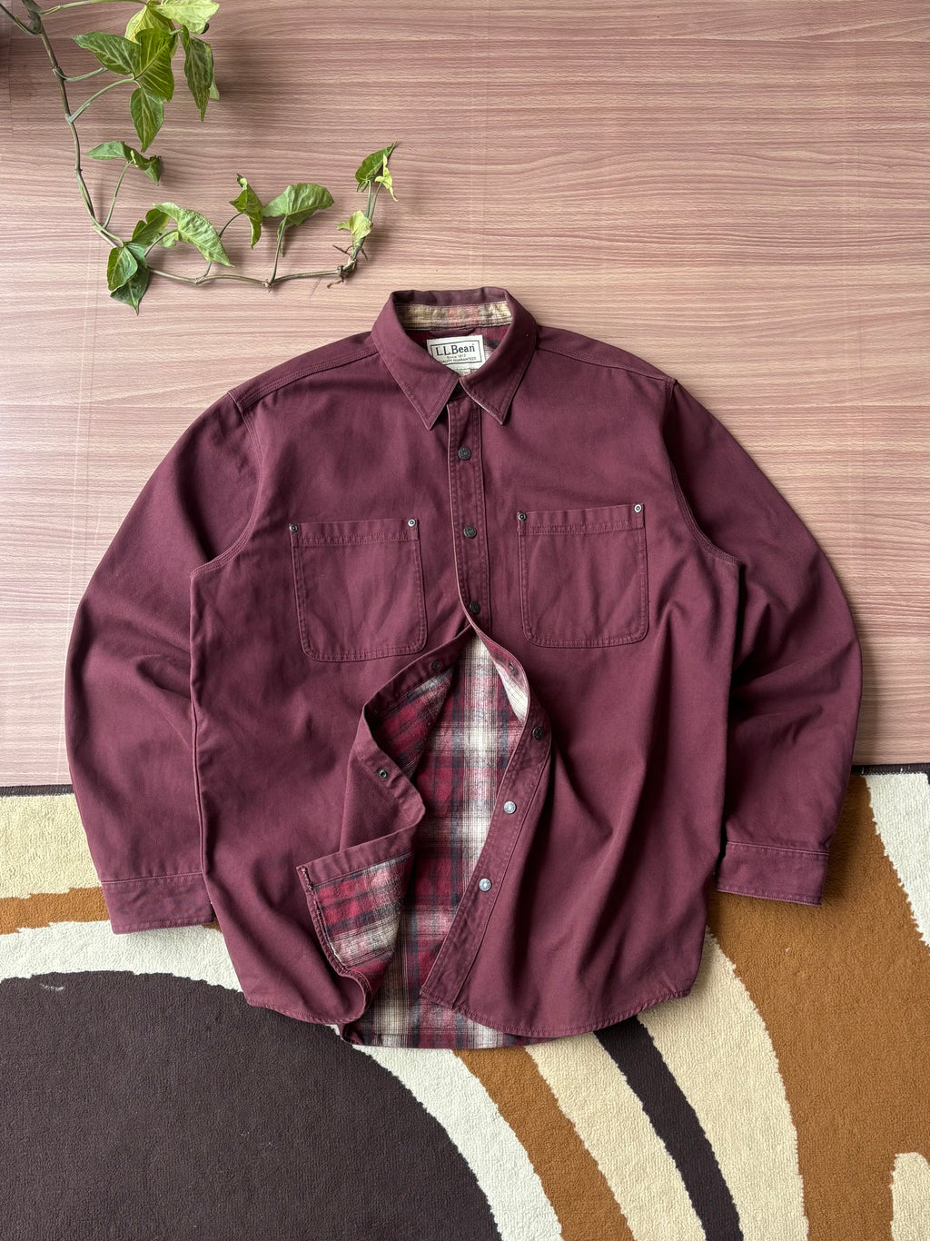 L.L.Bean Flannel-Lined Canvas Shacket (Burgundy, L)